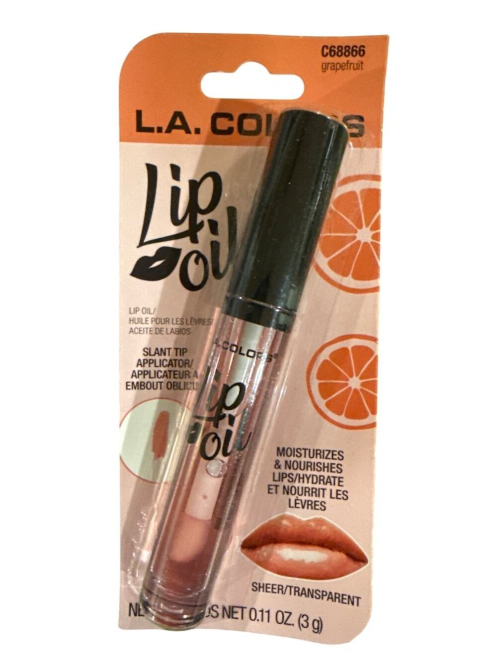 L.A. COLORS Lip Oil Gloss C68866 GRAPEFRUIT Clear Slant Tip Moisturizes +Nourish